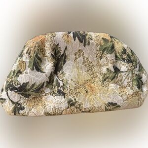 Floral Tapestry Clutch Purse Straw Frame Cream Green Boho Beach Bag